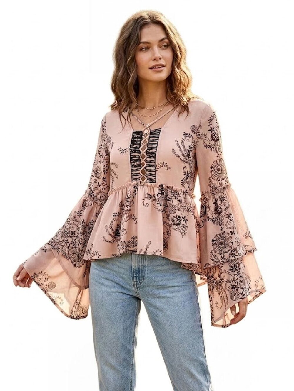 Sun & Shadow Boho Lace-Up Peplum Top, Blush Pink, Womens Size XXS